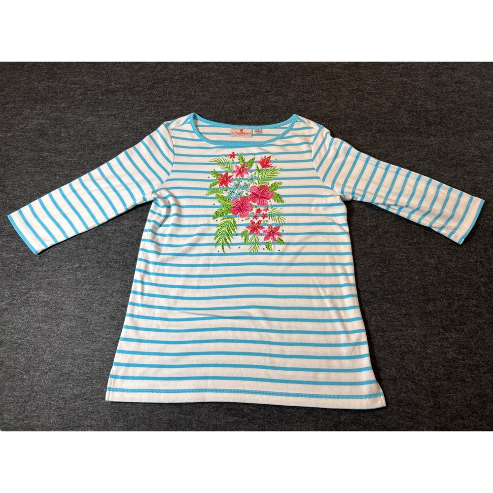 Quacker Factory Floral Striped Top Womens XS Blue White Embroidered 3/4 Sleeve
